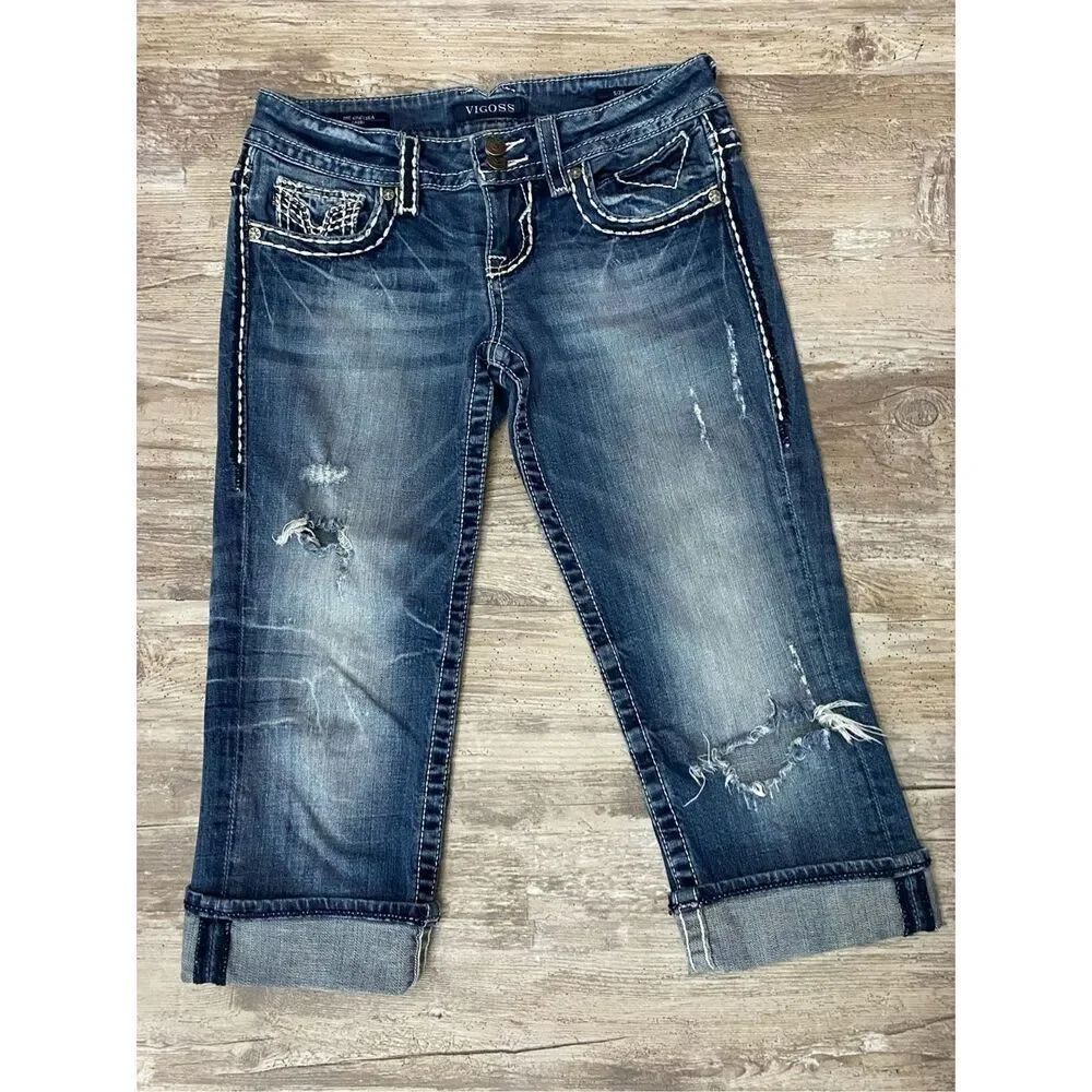 VIGOSS Chelsea Stretch Capri Jeans Distressed Cuffed Women’s Size 1/2